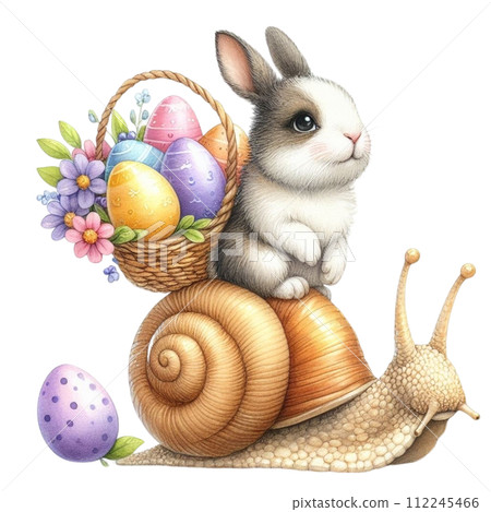 A rabbit sits on the back of a snail with a basket 112245466