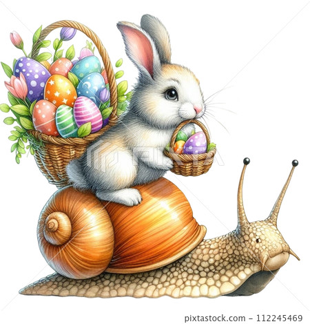 A rabbit sits on the back of a snail with a basket 112245469