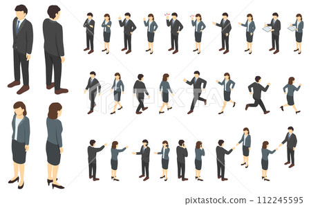 Isometric person illustration: suit men and women set (winter clothes) 112245595