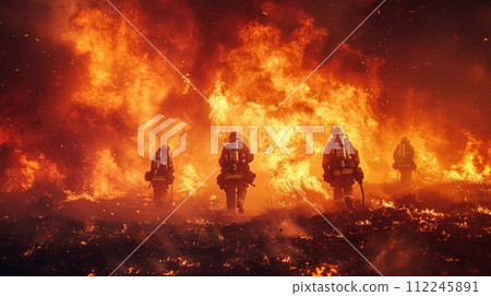 Group of Firefighters Standing in Front of a Fire 112245891