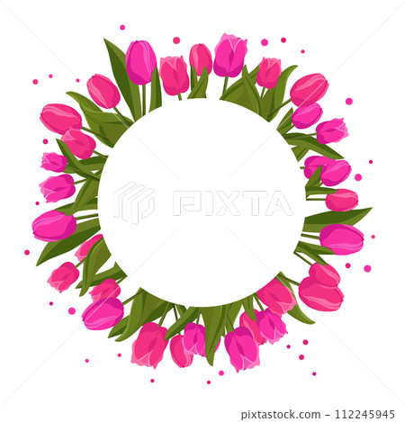 Spring round frame with pink tulips for text. Vector template with flowers for design, banner, card Spring round frame with pink tulips for text. Vector template with flowers for design, banner, card 112245945