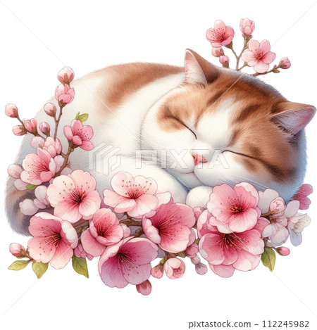 Cat sleeping on cherry blossoms Cat sleeping on cherry blossoms 112245982