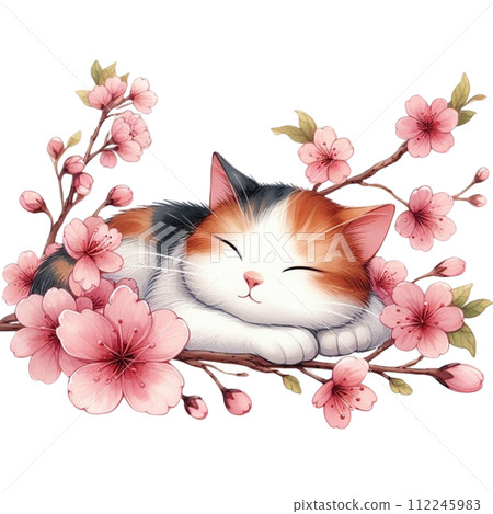 Cat sleeping on cherry blossoms Cat sleeping on cherry blossoms 112245983