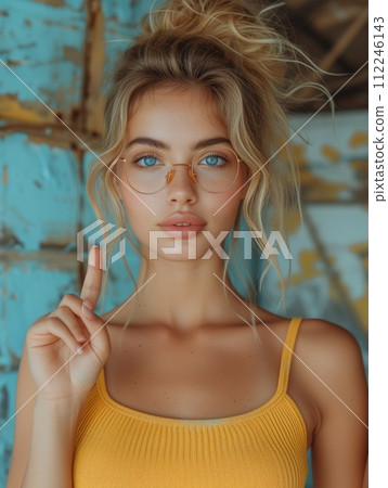 cute blonde woman in yellow 112246143