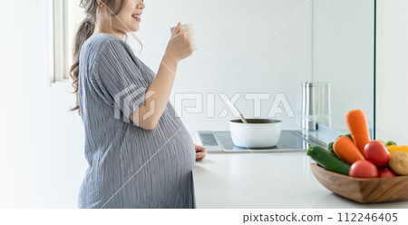 Pregnant women, maternity mothers, and pregnant women drinking water, lukewarm water, and hot water in the morning in the kitchen at home. Pregnant women, maternity mothers, and pregnant women drinking water, lukewarm water, and hot water in the morning in the kitchen at home. 112246405