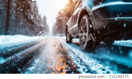 snowy road and car tires snowy road and car tires 112246575