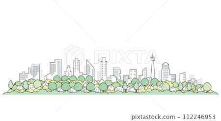 新鮮的綠色城市景觀點畫的向量插圖。 112246953