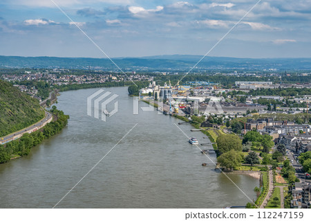 Andernach, Germany - Aerial view of the town of Andernach by the famous Rhine river in summer on a sunny day 112247159