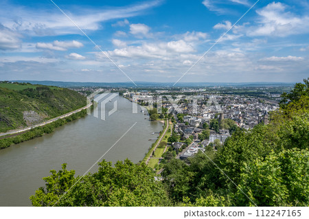 Andernach, Germany - Aerial view of the town of Andernach by the famous Rhine river in summer on a sunny day Andernach, Germany - Aerial view of the town of Andernach by the famous Rhine river in summer on a sunny day 112247165