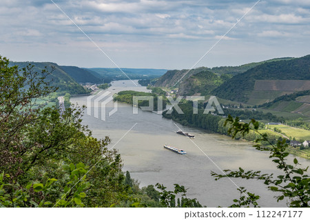 Germany the Rhine river in andernach near koblenz viewpoint over village Leutesdorf and the river valley Germany the Rhine river in andernach near koblenz viewpoint over village Leutesdorf and the river valley 112247177
