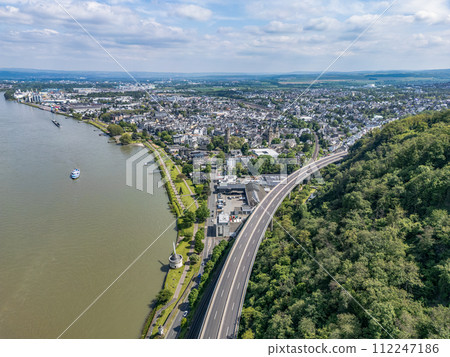 Andernach, Germany - Aerial view of the town of Andernach by the famous Rhine river in summer on a sunny day Andernach, Germany - Aerial view of the town of Andernach by the famous Rhine river in summer on a sunny day 112247186