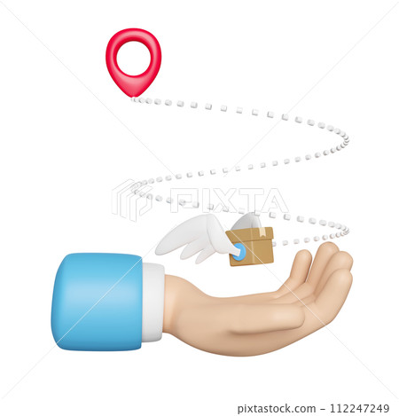 3d goods cardboard box with wing, pin on hand isolated. express delivery route, worldwide shipping concept, 3d illustration render 3d goods cardboard box with wing, pin on hand isolated. express delivery route, worldwide shipping concept, 3d illustration render 112247249