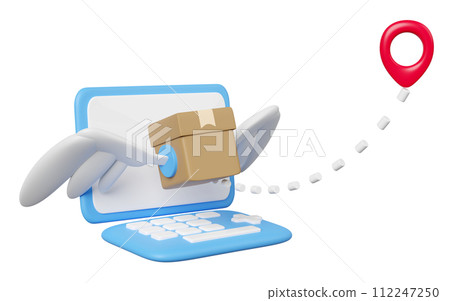 laptop computer with goods cardboard box fly, pin isolated. express delivery route, worldwide shipping concept, 3d illustration render laptop computer with goods cardboard box fly, pin isolated. express delivery route, worldwide shipping concept, 3d illustration render 112247250