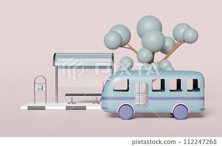 3d bus stop with passenger accommodation, tree isolated on pink background. public transportation concept, 3d illustration render 112247268