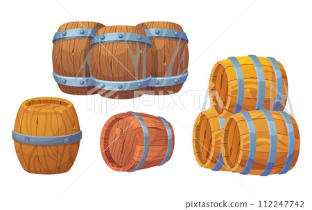 Old wooden barrels with metallic rings Old wooden barrels with metallic rings 112247742