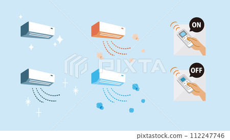 使用空調和遙控器的一組簡單的手插圖。 112247746