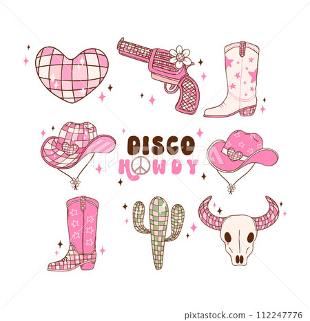 Disco Cowgirl element set doodle hand drawing illustration, trendy retro groovy vibes disco era. Disco Cowgirl element set doodle hand drawing illustration, trendy retro groovy vibes disco era. 112247776