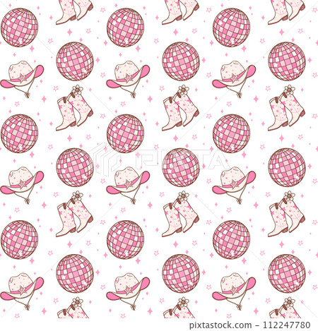 Disco Cowgirl Seamless Pattern Groovy Repeating Background Vibes isolated on background. 112247780