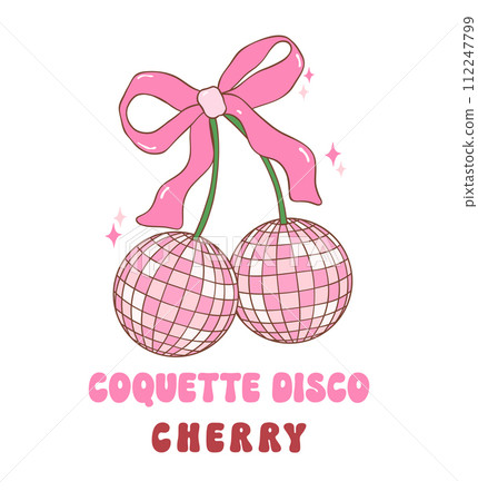 Coquette Disco ball cherry pink with ribbon bow illustration, trendy groovy vibes disco era. Coquette Disco ball cherry pink with ribbon bow illustration, trendy groovy vibes disco era. 112247799