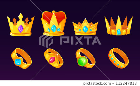 Gold king and queen crown and ring 112247818