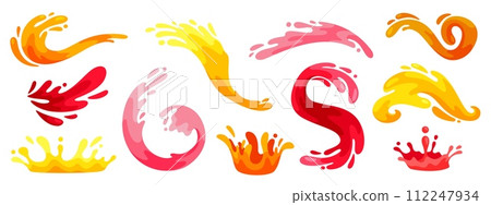 Juice splatter and splashes. Cartoon colorful squirt liquid. Abstract juicy splash, shape, spiral, waves. Fresh fruit juice, organic lemonade, citrus drinks. Vector set Juice splatter and splashes. Cartoon colorful squirt liquid. Abstract juicy splash, shape, spiral, waves. Fresh fruit juice, organic lemonade, citrus drinks. Vector set 112247934
