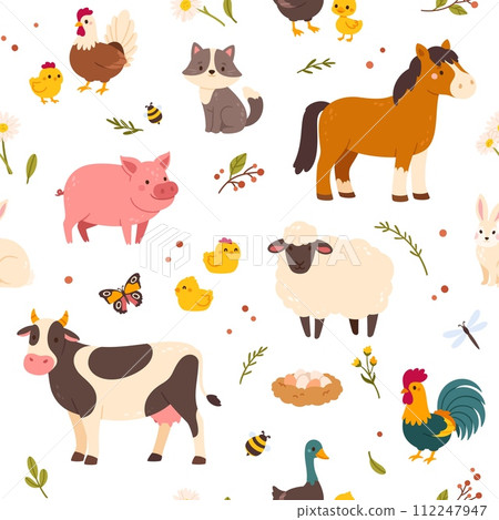 Seamless pattern with farm animals. Cute cow, funny pig, little horse, sheep backgroun. Country barn with farmed pets. Kid print with rural landscape. Vector texture 112247947