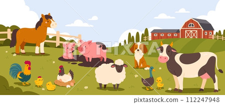 Farm scene with animals. Cartoon farmed landscape with happy domestic birds and animals on meadow. Background with ranch barn and fence. Vector composition 112247948