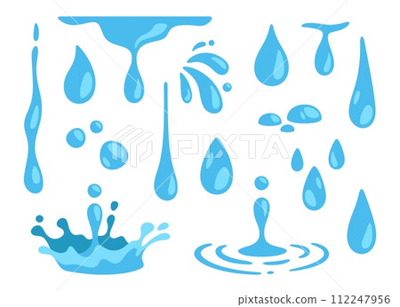 Water drops. Abstract nature blue falling pure drop. Raindrops. Watering motion shape water. Puddle, dropping splash, liquid flow. Juice and drinks. Vector collection 112247956
