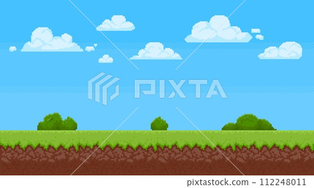 Pixel art landscape. Game background with blue sky, clouds and grass. Summer day scene for 8 bit arcade games. Retro pixelated playing view. Vector illustration Pixel art landscape. Game background with blue sky, clouds and grass. Summer day scene for 8 bit arcade games. Retro pixelated playing view. Vector illustration 112248011