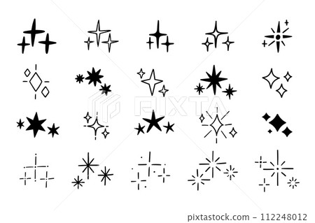 Line sketch star. Doodle scribble glitter and sparkles. Cartoon ink shine light icon. Hand drawn spark elements and group stars isolated on white background. Vector set 112248012