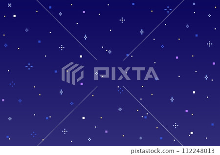 Pixel art night sky. Retro 8-bit game evening background with stars. Flat halftone pattern for mobile interface game. Blue colors on backdrop. Vector illustration Pixel art night sky. Retro 8-bit game evening background with stars. Flat halftone pattern for mobile interface game. Blue colors on backdrop. Vector illustration 112248013