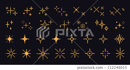 Pixel art stars. Comic 8-bit game space light. Retro decorative night pixelated sparkling elements. Yellow and gold star and glitter for mobile games. Vector set 112248015