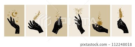 Mystical woman hands. Boho style esoteric and spiritual symbol. Doodle tattoo girl hand with stars. Alchemy objects, sun, moon, butterfly, floral branch. Vector set Mystical woman hands. Boho style esoteric and spiritual symbol. Doodle tattoo girl hand with stars. Alchemy objects, sun, moon, butterfly, floral branch. Vector set 112248018