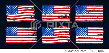 Grunge American flag. Graphic USA flags with stars and stripes and vintage texture. Holiday United States national flag in red, white, and blue color print. Culture symbols. Vector set Grunge American flag. Graphic USA flags with stars and stripes and vintage texture. Holiday United States national flag in red, white, and blue color print. Culture symbols. Vector set 112248020