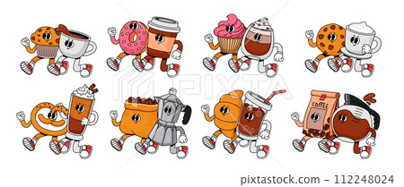 Coffee and sweets couples. Cartoon retro 70s breakfast pair in coffee shop and cafe. Mascot happy character drink. Espresso with cupcake, mug cappuccino and cookie. Vector set Coffee and sweets couples. Cartoon retro 70s breakfast pair in coffee shop and cafe. Mascot happy character drink. Espresso with cupcake, mug cappuccino and cookie. Vector set 112248024