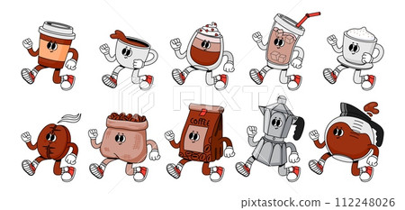 Coffee character. Vintage cute cups with drink for breakfast. Cartoon walking mug beverage and beans for coffee shops, cafe, cafeteria. Mascot caffeine espresso maker. Vector set 112248026