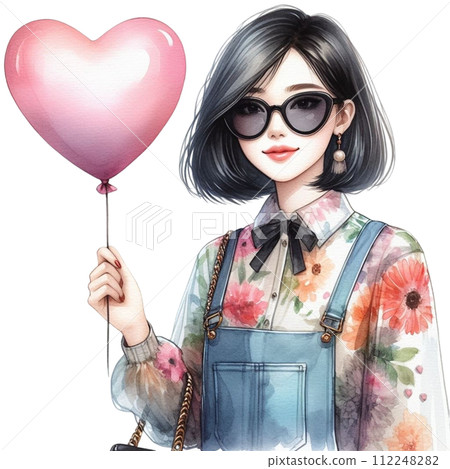 cute woman holding balloons clipart watercolor  112248282