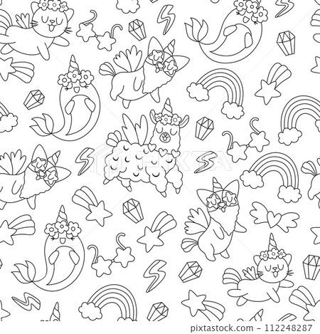 Vector black and white seamless pattern for unicorn birthday party. Repeat background with fantasy animals with horns, falling star, crystal, rainbow. Fairytale digital paper or coloring page Vector black and white seamless pattern for unicorn birthday party. Repeat background with fantasy animals with horns, falling star, crystal, rainbow. Fairytale digital paper or coloring page 112248287