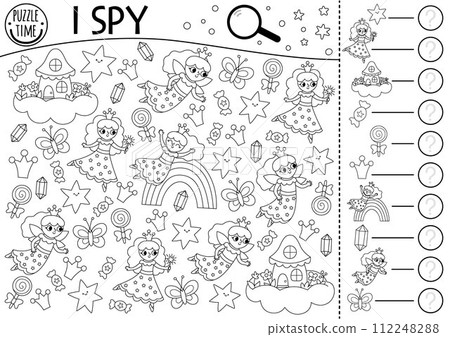 Unicorn black and white I spy game for kids. Searching and counting activity with little fairy princess, rainbow, stars. Magic printable worksheet, coloring page. Fairytale spotting puzzle Unicorn black and white I spy game for kids. Searching and counting activity with little fairy princess, rainbow, stars. Magic printable worksheet, coloring page. Fairytale spotting puzzle 112248288