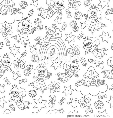 Vector black and white seamless pattern for unicorn or little princess birthday party. Repeat background with stars, rainbow, fairy, flowers, butterflies. Fantasy, fairytale digital paper, coloring 112248289