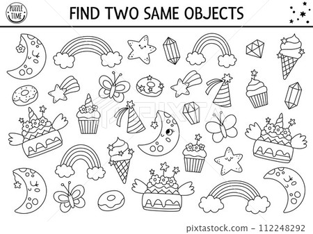 Find two same objects coloring page. Magic world matching activity for unicorn themed party. Fantasy or fairytale line educational quiz worksheet for kids. Simple black and white printable game Find two same objects coloring page. Magic world matching activity for unicorn themed party. Fantasy or fairytale line educational quiz worksheet for kids. Simple black and white printable game 112248292