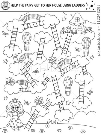 Unicorn maze for kids with little princess, rainbow. Magic world preschool printable activity. Black and white fairytale labyrinth game, puzzle or coloring page. Help the fairy get to her house 112248295