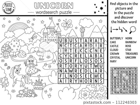 Vector black and white unicorn wordsearch puzzle for kids. Simple word search quiz with fantasy country landscape. Educational activity with castle, rainbow, fairy. Cross word coloring page Vector black and white unicorn wordsearch puzzle for kids. Simple word search quiz with fantasy country landscape. Educational activity with castle, rainbow, fairy. Cross word coloring page 112248303
