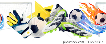 Soccer football border seamless watercolor drawing. Trainers sneakers gloves star goal pentagon ball. Sports gear train team. Match star flame comet. Gridiron surface competition player tail fire fly Soccer football border seamless watercolor drawing. Trainers sneakers gloves star goal pentagon ball. Sports gear train team. Match star flame comet. Gridiron surface competition player tail fire fly 112248314