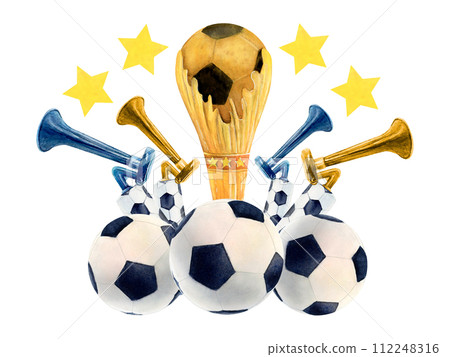 Soccer football cup horn watercolor drawing. Gold prize first pitch pentagon ball tube. Sports gear train team. Match fan vuvuzella. Design star world. Oval gridiron surface whistle competition player 112248316