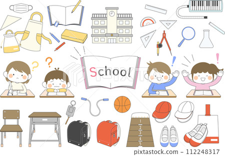 學校生活和兒童中使用的東西的插圖集(彩色) 學校生活和兒童中使用的東西的插圖集(彩色) 112248317