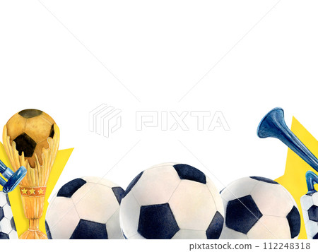 Soccer football border cup horn watercolor drawing. Seamless gold prize first star pitch pentagon ball tube. Sports gear match fan vuvuzella. Gridiron surface whistle competition player. Poster banner 112248318