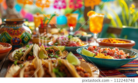 Traditional Mexican Feast, Fresh Tacos, Cinco De Mayo, Vibrant Festive Table Decor, AI Generated 112248748