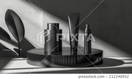 A collection of unbranded black beauty product packaging on a circular platform with a textured dark background illuminated by a slanted light beam, stand with copy space for text, mockup, template A collection of unbranded black beauty product packaging on a circular platform with a textured dark background illuminated by a slanted light beam, stand with copy space for text, mockup, template 112248932