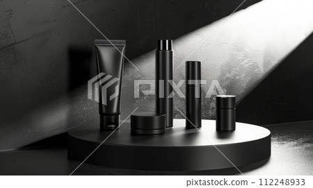 A collection of unbranded black beauty product packaging on a circular platform with a textured dark background illuminated by a slanted light beam, stand with copy space for text, mockup, template A collection of unbranded black beauty product packaging on a circular platform with a textured dark background illuminated by a slanted light beam, stand with copy space for text, mockup, template 112248933